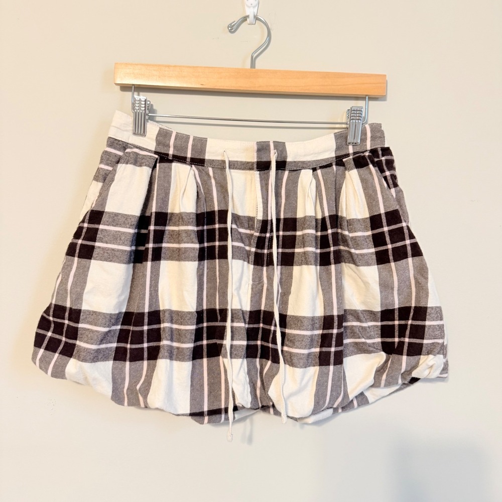 Aerie Plaid Bubble Mini Skirt Black White Pink Check Elastic Waist Womens Medium